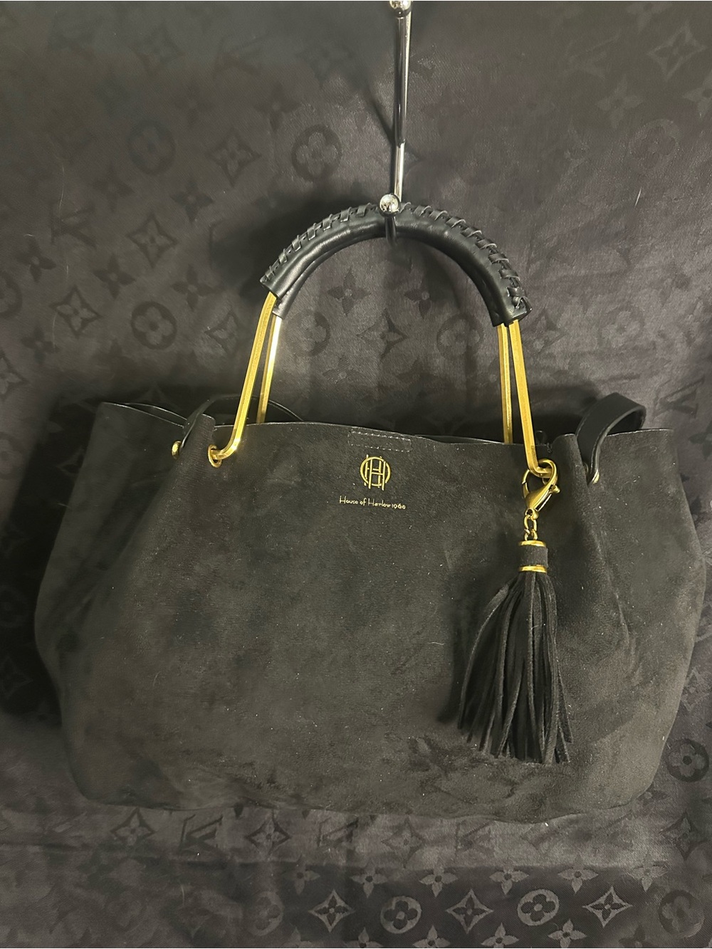 House of Harlow 1960 Black Suede Shoulder Tote with Gold Hardware